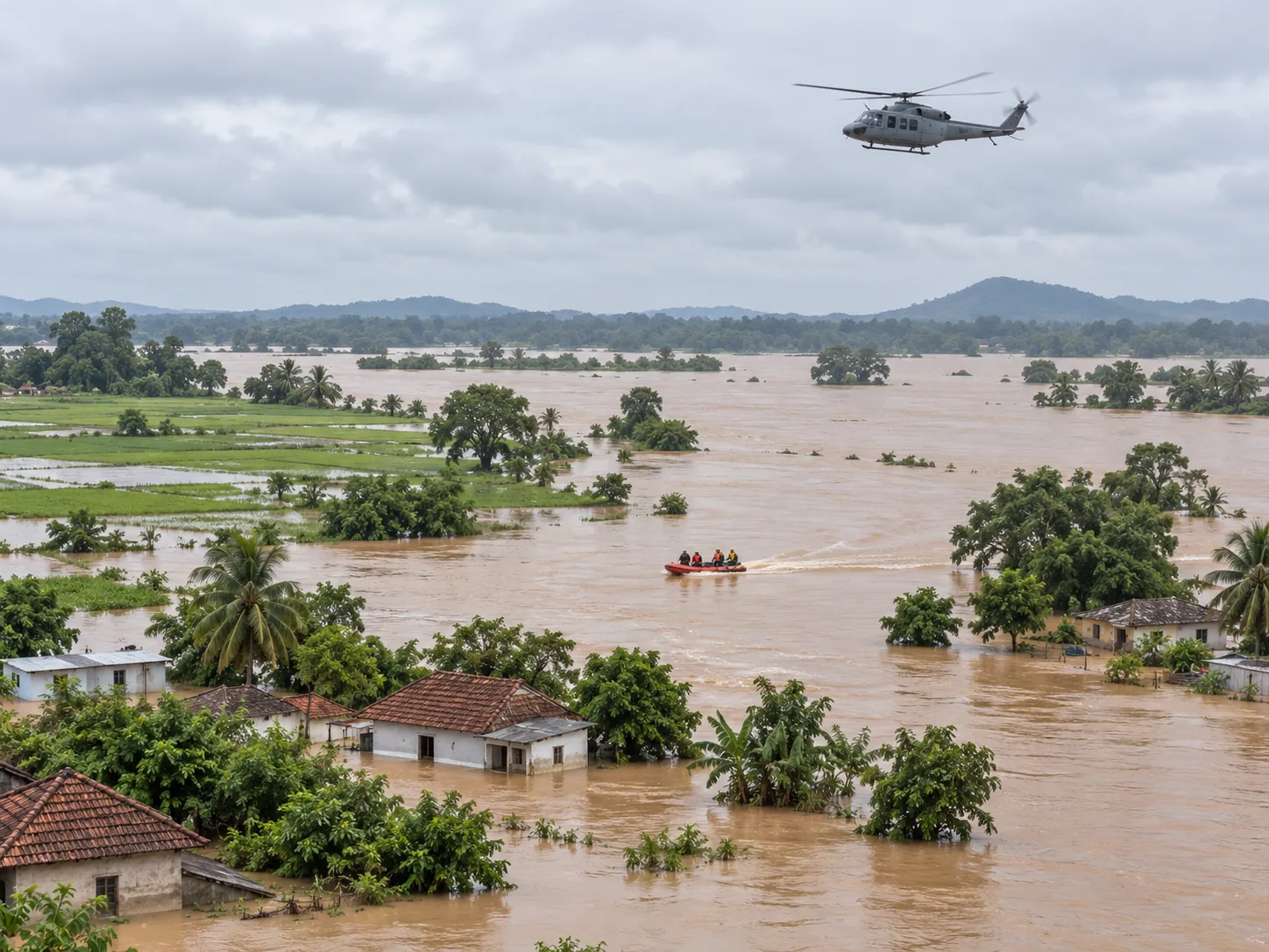 ஒடிசா வெள்ள மீட்பைக் குறிக்கும் செயற்கை நுண்ணறிவு விளக்கப்படம்; நிகழ்வுப் புகைப்படம் அல்ல